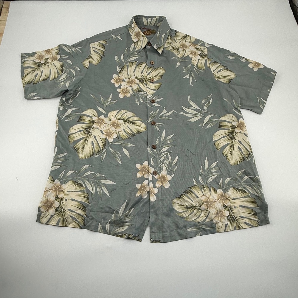 Caribbean Mens Silk Cotton Tropical Floral Print Shirt Sage Green L - Picture 2 of 9